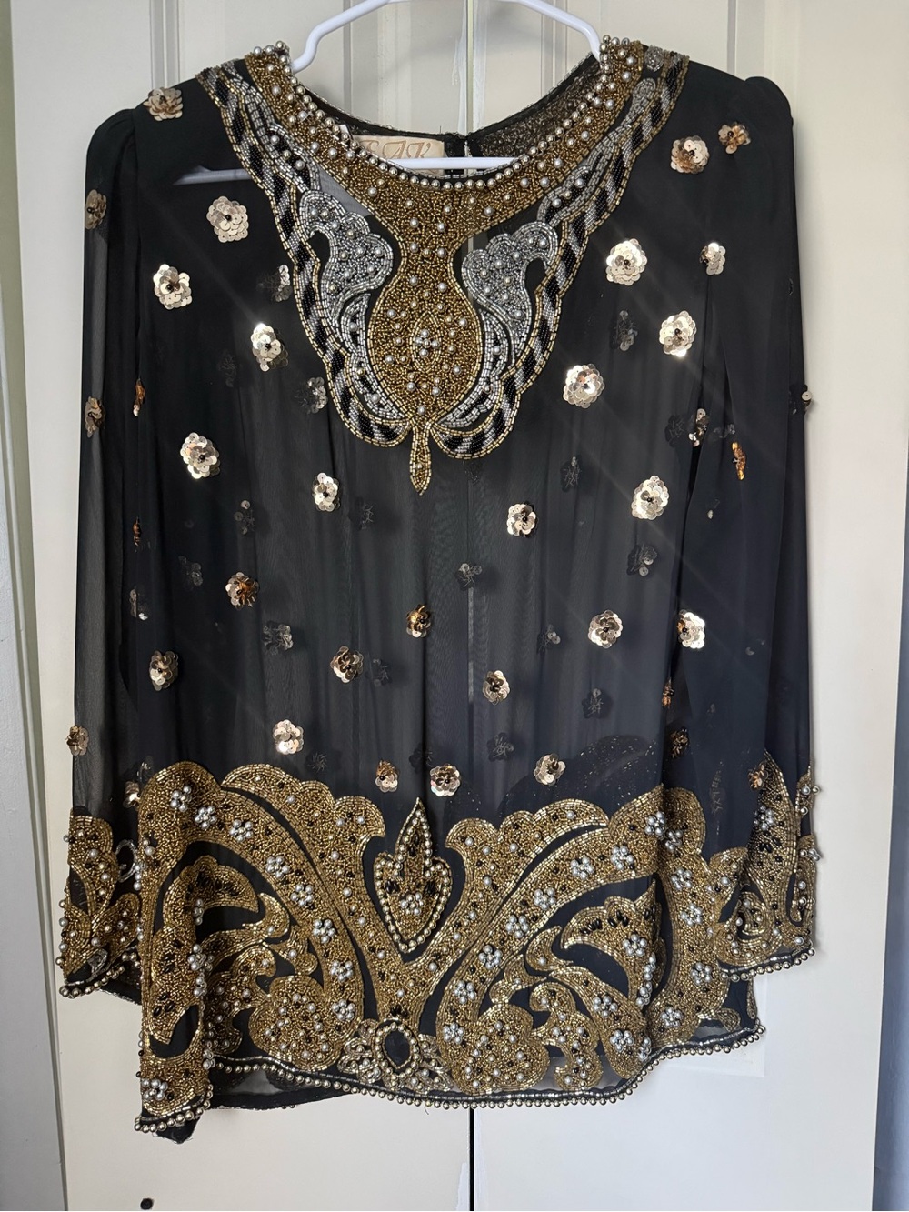 Black Sheer Tunic with Gold & Silver Embellished Neckline
